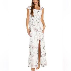 R&M Richards One-Piece One Shoulder Cuff Print Foil Jacquard Long Column Dress